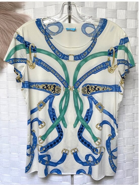 J. McLaughlin Tops - J. McLaughlin Horsebit Short Sleeve White Blue Thin Lightweight Top Size XS